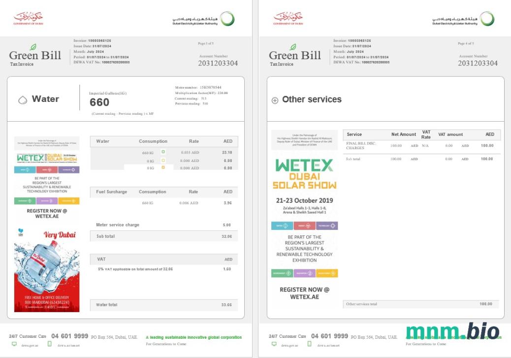 Zjednoczone Emiraty Arabskie Dubai Green Business utility bill szablon w formacie Word i PDF, w pełni edytowalne 3-4